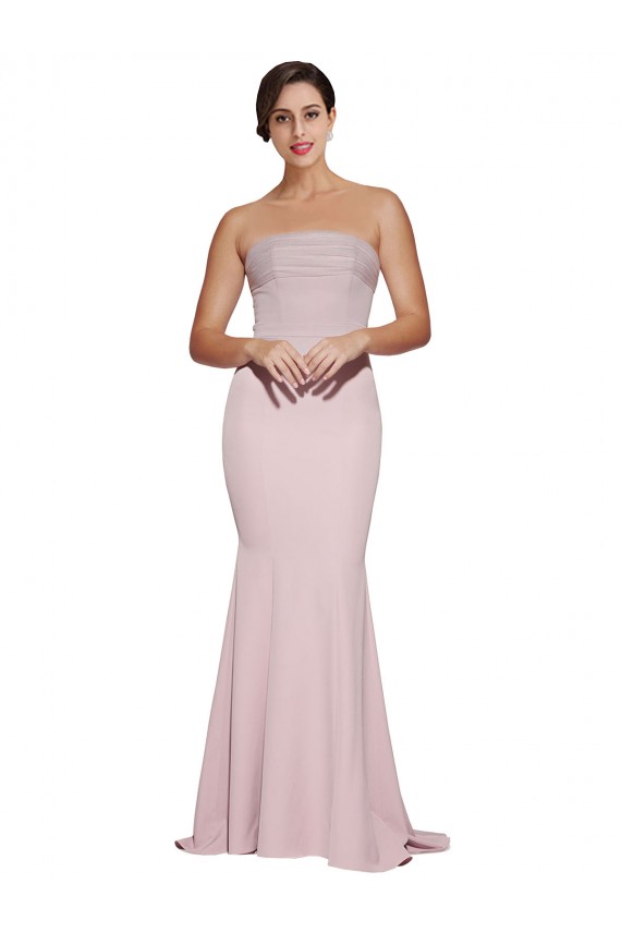 Shop Straight Neck Long Strapless Formal Crepe Bridesmaid Dress / Prom Dress with Soft Tulle Overlay and Small Train Geelong