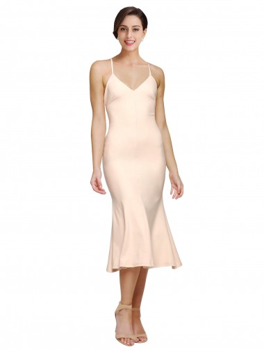 Shop Midi Cocktail Length V-Neckline Crepe Bridesmaid Dress / Prom Dress with Thin Straps and Fulted Skirt Geelong