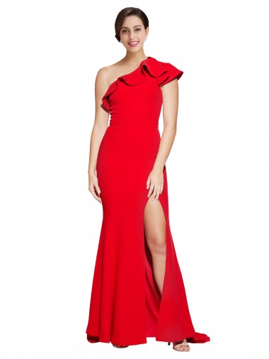 Shop One Shoulder Long Sweep Train Crepe Bridesmaid Dress / Prom Dress with Thigh High Split Geelong