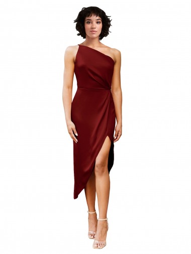 Shop One Shoulder Cocktail Midi Length Short Formal Stretch Satin Wrap Style Bridesmaid Dress / Prom Dress Geelong