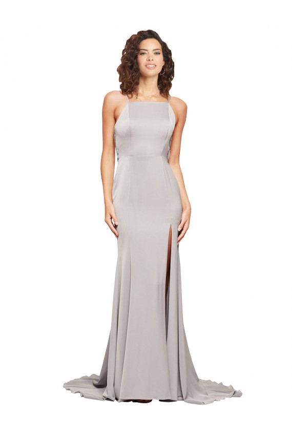 Shop High Neck Low Back Long Full Length Formal Stretch Satin Bridesmaid Dress / Prom Dress Geelong