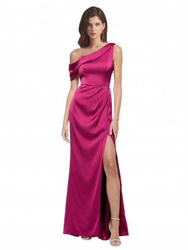 Shop Off the Shoulder Short Sleeves Formal Stretch Satin Bridesmaid Dress / Prom Dress with Side Slit Geelong