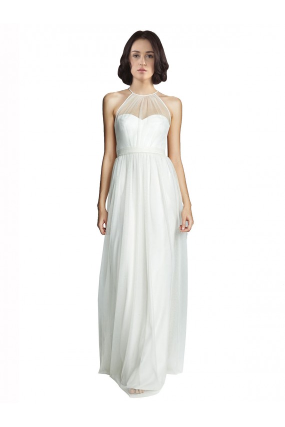 High Neckline Long Tulle Bridesmaid Dress with Illusion Front Geelong