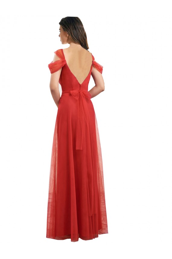 Shop Cold Shoulder Pleated Wrap Tulle Bridesmaid Dress with Low V-Back Geelong