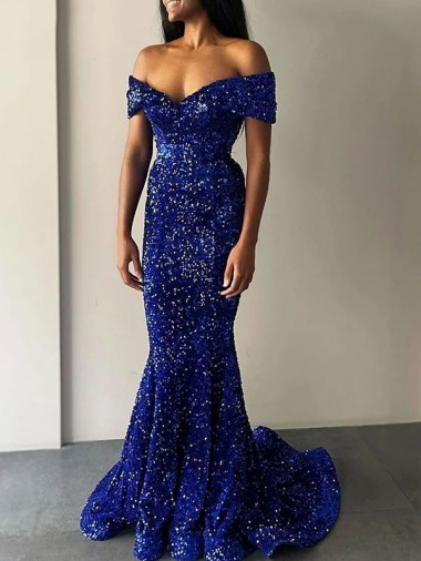 Shop Mermaid Off the Shoulder Sleeveless Long Sweep Train Velvet Sequin Prom Dress Geelong