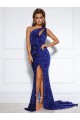 Mermaid One Shoulder Sleeveless Long Court Train Velvet Sequin Prom Dress with Slit Geelong
