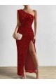 Shop One Shoulder Sleeveless Long Floor Length Velvet Sequin Prom Dress with Slit Geelong