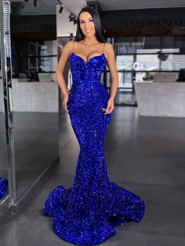 Shop Mermaid Spaghetti Straps Sleeveless Long Sweep Train Velvet Sequin Prom Dress Geelong