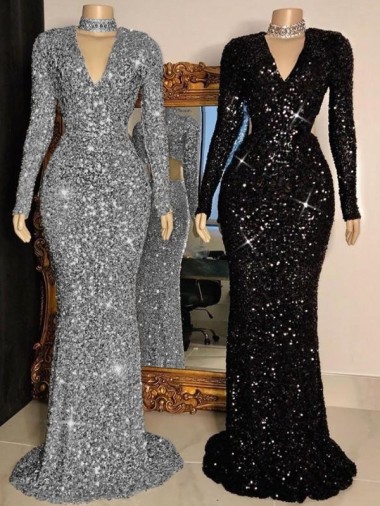 V-Neck Long Sleeves Long Sweep Train Velvet Sequin Prom Dress Geelong
