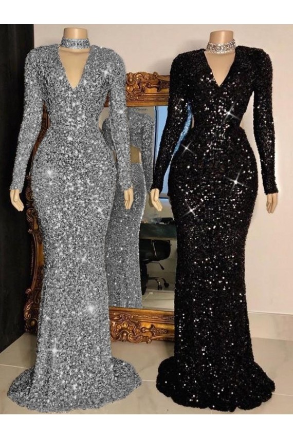V-Neck Long Sleeves Long Sweep Train Velvet Sequin Prom Dress Geelong