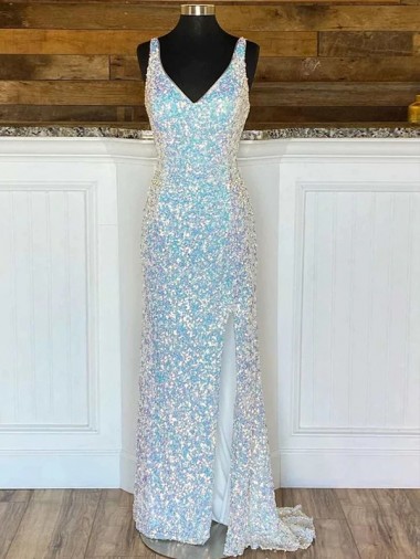 Shop V-Neck Sleeveless Long Sweep Train Velvet Sequin Prom Dress Geelong