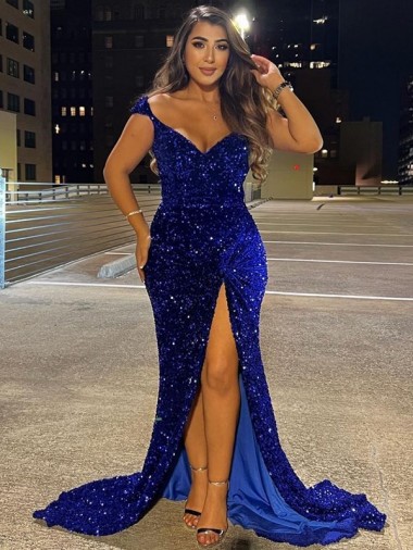V-Neck Sleeveless Long Sweep Train Velvet Sequin Prom Dress with Slit Geelong