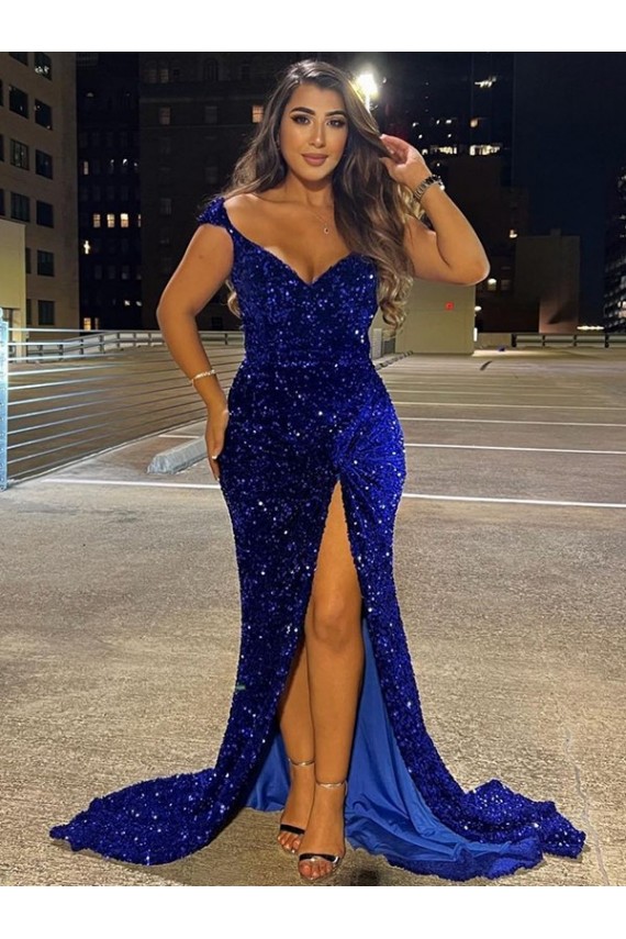 V-Neck Sleeveless Long Sweep Train Velvet Sequin Prom Dress with Slit Geelong