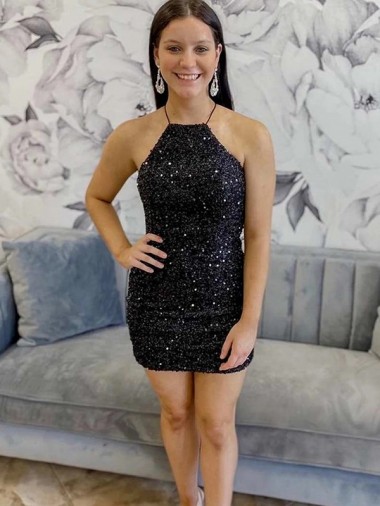 Shop Halter Sleeveless Short Velvet Sequin Homecoming Dress / Prom Dress Geelong