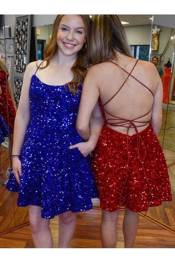 Shop A-Line Spaghetti Straps Sleeveless Short Velvet Sequin Homecoming Dress / Prom Dress Geelong