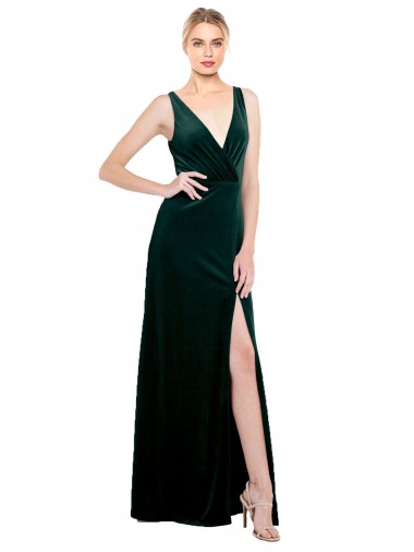 Sleek V-Neck Long Formal Velvet Bridesmaid Dress / Prom Dress with Side Slit Geelong
