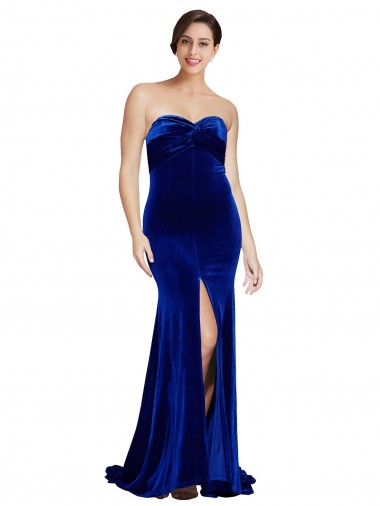 Shop Strapless Ruched Formal Velvet Bridesmaid Dress / Prom Dress with Sweep Train and Front Slit Geelong