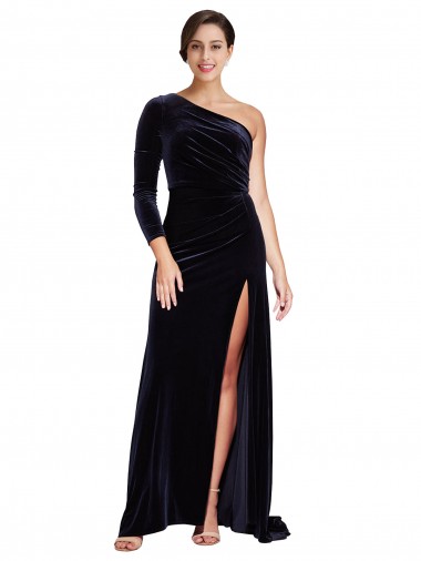 Shop One Sleeve Long Formal Velvet Bridesmaid Dress / Prom Dress with Thigh High Split Geelong
