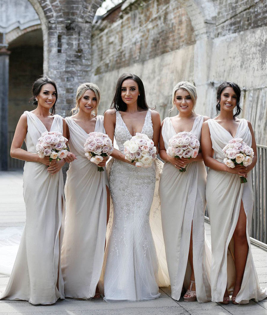 Full Length Luxe Chiffon Long Champagne bridesmaid dresses Geelong with Sexy High Slit and Front Ruffles