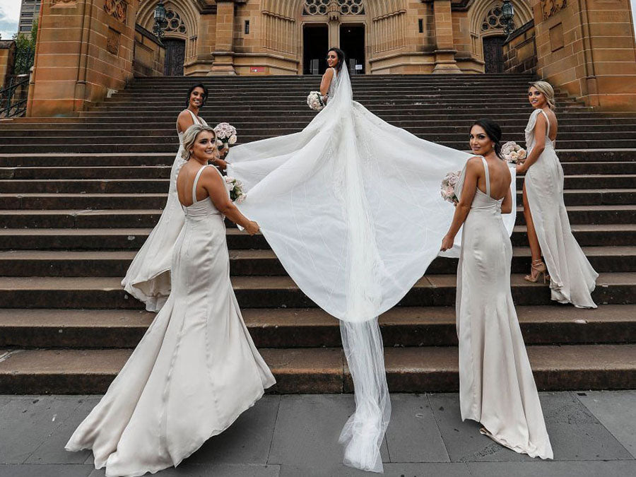 Full Length Luxe Chiffon Long Champagne bridesmaid dresses Geelong with Sexy High Slit and Front Ruffles