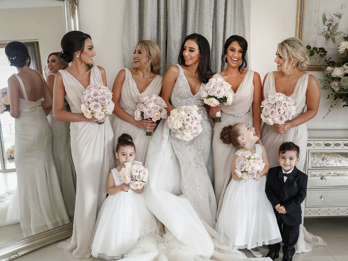 Full Length Luxe Chiffon Long Champagne bridesmaid dresses Geelong with Sexy High Slit and Front Ruffles